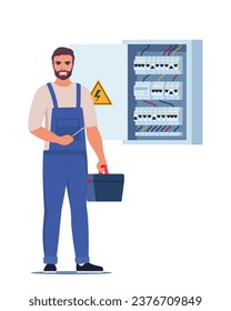 Electrician worker check and repair electrical switchboard. Home Repairman, Electrical Safety Concept. Vector illustration