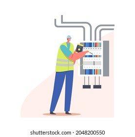 Electrician Worker Examine Working Draft or Measure Voltage at Dashboard. Fire, Energy and Electrical Safety Concept. Foreman Electrician Character in Robe Repairment Work. Cartoon Vector Illustration