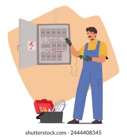 Electrician Worker Examine Working Draft or Measure Voltage at Dashboard, Skillfully Navigating Technical And Employing Tools To Ensure Electrical Systems Function Safely. Cartoon Vector Illustration