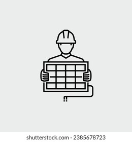 Electrician Worker Installing Solar Cell Panel Vector Line Icon