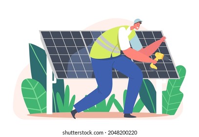Trabajador eléctrico instalando paneles solares, concepto alternativo de energía limpia con carácter de ingeniero con instrumento. Fuentes de energía renovables, innovación técnica. Ilustración de vectores de personas de caricatura
