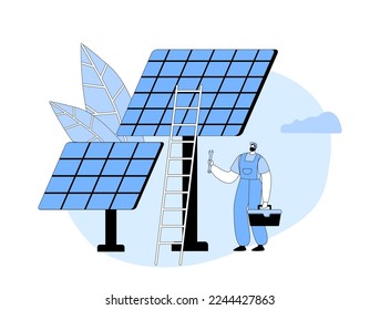 Trabajador Eléctrico Instalando Paneles Solares, Fuentes De Energía Renovables, Innovación Técnica, Concepto Alternativo De Energía Limpia Con Instrumentos De Conservación De Caracteres De Ingeniero. Ilustración de vectores de personas de caricatura