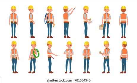 Electrician Worker Male Vector. Makes Electrical Equipment. Different Poses. Cartoon Character Illustration