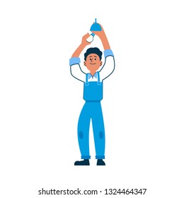 Electrician or worker in overalls install or change a light bulb, isolated vector illustration on white background.