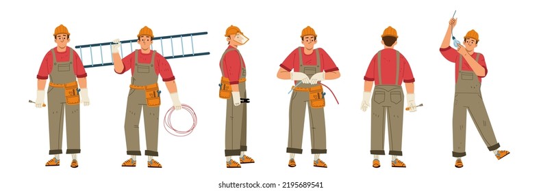 Electrician Worker, Repair Service Technician, Engineer With Tools, Ladder And Wires Doing Maintenance Works Isolated On White Background. Electricity Job Cartoon Linear Flat Vector Illustration