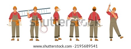 Electrician worker, repair service technician, engineer with tools, ladder and wires doing maintenance works isolated on white background. Electricity job cartoon linear flat vector illustration