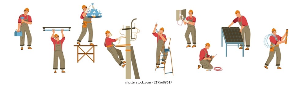 Electrician worker with tools, ladder and wires doing maintenance works isolated on white background. Repair service technician, engineer of electricity job. Cartoon linear flat vector illustration