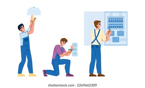 electrician worker vector. electric technician, work man, handyman equipment, electricity repairman, construction electrician worker character. people flat cartoon illustration