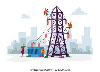 Electrician Workers Characters With Tools, Equipment Electric Transmission Tower Maintenance. Energy Station Powerline In City. Telephone Or Electricity Line Poles. Cartoon People Vector Illustration