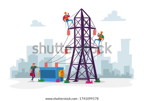 Electrician Workers Characters with Tools,\
Equipment Electric Transmission Tower Maintenance. Energy Station\
Powerline in City. Telephone or Electricity Line Poles. Cartoon\
People Vector\
Illustration