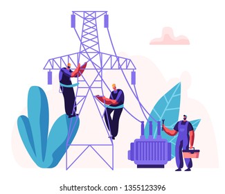 Electrician Workers Repairing Power Line. Electrical Facilities Concept with Repairman Engineer in Uniform at Wiring Maintenance Work. Vector flat illustration
