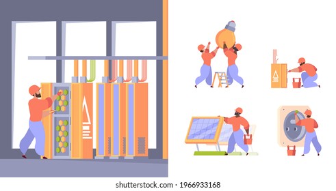 Electrician workers. Stylized characters installing electrically systems repair processes energy systems garish vector illustrations collection set