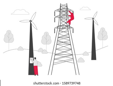 Electrician Workers with Tools and Equipment Electric Transmission Tower Maintenance . Energy Station Powerline in City. Telephone or Electricity Line Poles. Cartoon Flat Vector Illustration, Line Art