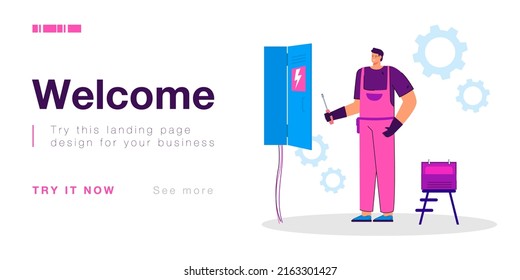 Electrician working with electric panel and switchboard in box. Industrial work of man with fuse and wire system flat vector illustration. Distribution of electricity, maintenance service concept