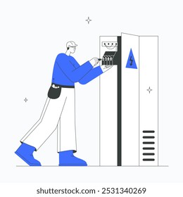 Electricista trabajando con caja de fusibles en Ilustración vectorial plana que simboliza el trabajo eléctrico, la seguridad y el mantenimiento, aislado sobre fondo blanco.