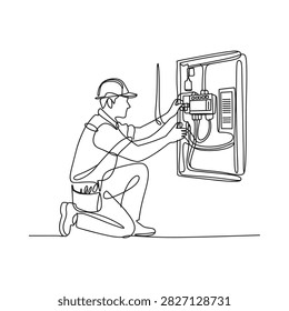 Electrician Working On Panel Continuous Line Drawing Illustration