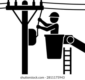 Electrician working on utility pole with bucket truck and ladder