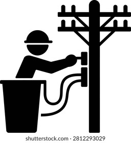 Electrician working on utility pole with bucket truck
