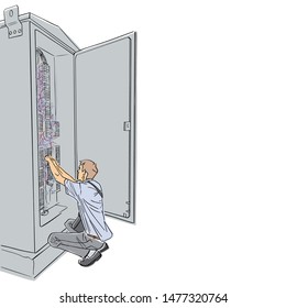 Electrician works in electrical cabinet. Hand drawn style. Vector flat illustration. Isolated black contour and colors.
