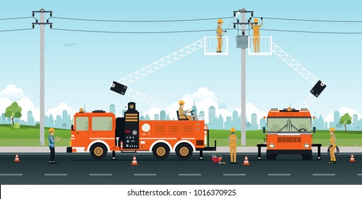 Electrician works on a basket crane with a city backdrop.