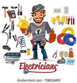 electricians character design with electronic tools and equipment. logotype for header design - vector illustration