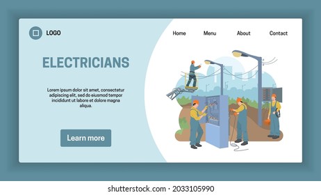 Electricians flat landing page layout with place for logo contact information and learn more button vector illustration