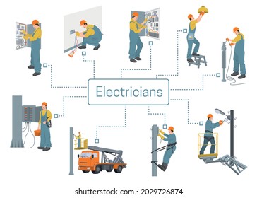 Electricians infographics layout demonstrated technicians working with breaker fuse box electric switchboard and street lighting devices vector illustration svg