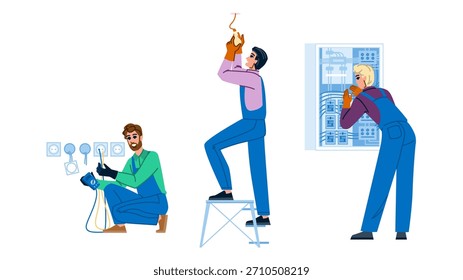 Electricians are installing power sockets, connecting ceiling light wires, and checking a distribution board in a sequence illustrating various aspects of electrical work