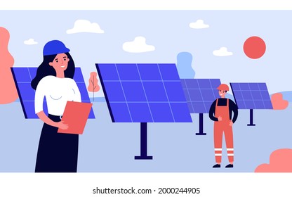 Electricians installing solar panels in field. Professional cartoon technicians setting up renewable energy sources flat vector illustration. Alternative energy concept for banner, website design