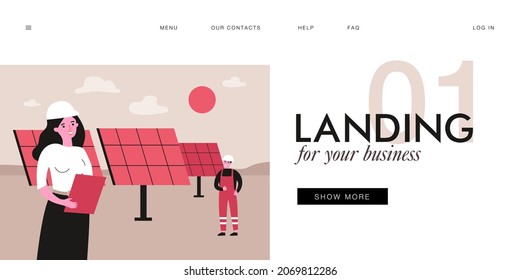 Electricians installing solar panels in field. Professional cartoon technicians setting up renewable energy sources flat vector illustration. Alternative energy concept for banner, website design