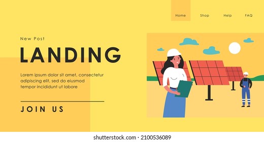 Electricians installing solar panels in field. Professional cartoon technicians setting up renewable energy sources flat vector illustration. Alternative energy concept for banner, website design