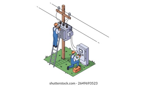 Electricians performing routine maintenance and installation on a utility pole transformer and electrical meter device