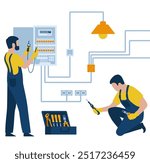 Electricians repair sockets and wiring in the house. Distribution board, electrical panel with switch, fuse contactor, wire automatic circuit breaker. 