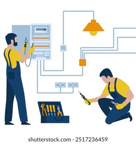 Elektriker reparieren Steckdosen und Verkabelung im Haus. Verteilungsplatine, elektrisches Feld mit Schalter, Sicherung Schütz, Draht automatische Leistungsschalter. 