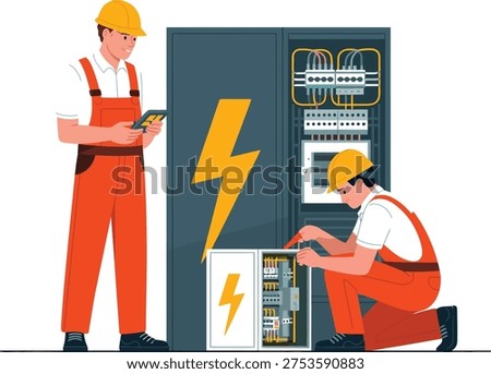 Electricians repairing electrical control panel maintenance of power distribution cabinet industrial electricity service vector illustration