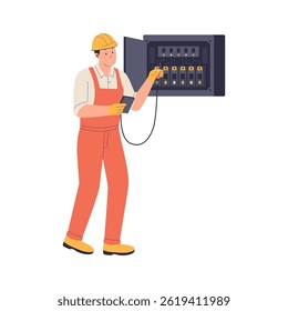Electricians Repairing Electrical Panel and Battery. Illustrations for websites, landing pages, mobile apps, posters and banners