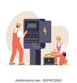 Electricians Repairing Electrical Panel and Battery. Illustrations for websites, landing pages, mobile apps, posters and banners