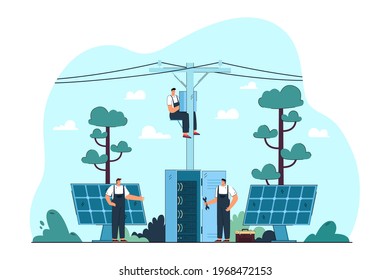 Electricistas reparando paneles eléctricos y solares en las calles. Ilustración vectorial plana. Máster reparando equipos eléctricos en tierra y poste eléctrico. Electricidad, reparación, servicio, concepto de seguridad