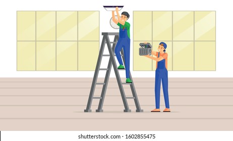 Electricians at work flat vector illustration. Skilled workman standing on ladder and fitting lamp to ceiling, young handyman holding toolkit. House renovation experts, builders checking wiring
