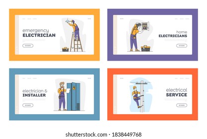 Electricians Work Landing Page Template Set. Male Characters Climbing on Transmitting Tower, Change Burnt Lamp, Check Voltage in Dashboard and Work with Fuse Box. Linear People Vector Illustration