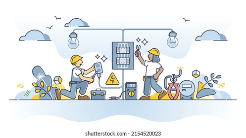 Electricians work as professional power supply repairman outline concept. Electricity expert with technician maintenance skills vector illustration. Lighting testing, repair, inspecting and support.