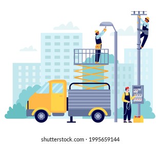 Electricians workers working on city street with outdoor lighting line, flat vector illustration isolated on white background. Electric company services banner.