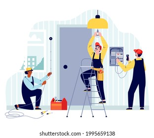 Electricians working indoors with wiring and lighting, flat vector illustration isolated on white background. Electrical maintenance of residential and office premises.