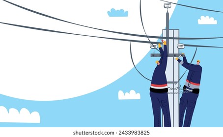 Electricians working power lines tools, clear sky. Technicians repairing electrical equipment utility pole. Maintenance work safety procedures vector illustration