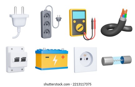 3D-Symbol-Set für Strom. Elektrische Ausrüstung. Elektrischer Stecker, Verlängerungskabel, elektrische Sicherung, Multimeter, Batterie, Draht, Sockel. Zubehör. Einzelne Symbole, Objekte auf transparentem Hintergrund