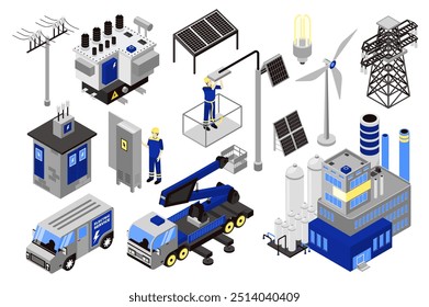 Eletricidade 3d isométrica mega conjunto em isometria design gráfico. Coleta elementos de linha de energia, estação de transformador, painéis solares, turbina eólica, eletricistas, instaladores, outros. Ilustração vetorial.