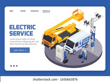 Electricity banner with men from electric service fixing high voltage wires 3d isometric vector illustration