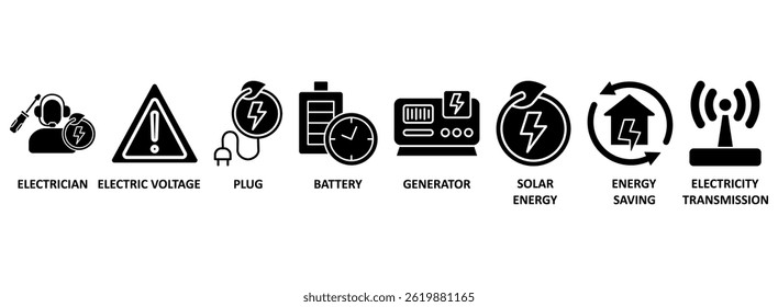 Banner de eletricidade ícone web vetor ilustração conceito com ícone de eletricista, tensão elétrica, plugue, bateria, gerador, energia solar, economia de energia, transmissão de eletricidade