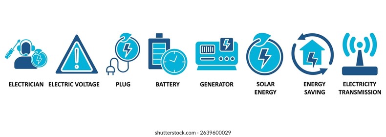 Electricity banner web icon vector illustration concept with icon of electrician, electric voltage, plug, battery, generator, solar energy, energy saving, electricity transmission