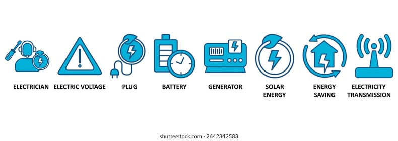 Banner de eletricidade ícone web vetor ilustração conceito com ícone de eletricista, tensão elétrica, plugue, bateria, gerador, energia solar, economia de energia, transmissão de eletricidade